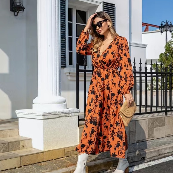 New Midi Floral Thigh Split Brown Orange Rust Color Mix Dress Surplice V Neck - Picture 5 of 16